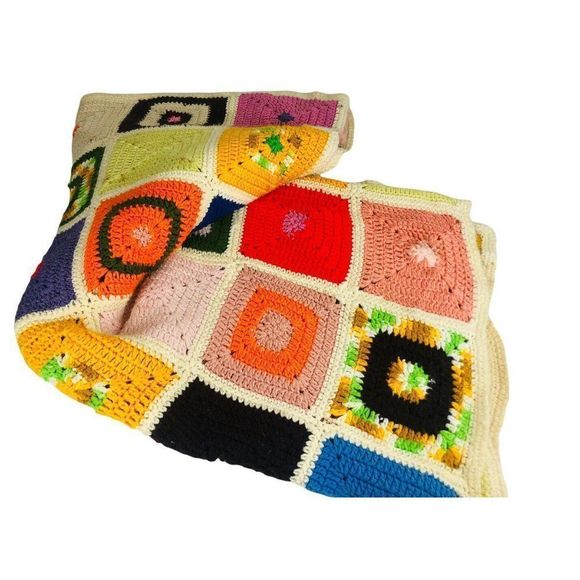Retro VTG cream handmade knit crotchet blanket throw afghan blanket 50"x92" - Picture 7 of 7